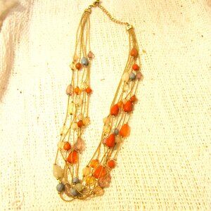 VTG 7 STRAND CHOKER NECKLACE, GOLD TONE W/MULTI-COLORED BEADS